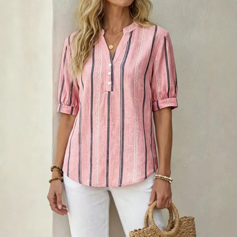 👚【50% popusta na sezonske ponude】Ljetna prugasta bluza kratkih rukava od pamuka i lana od prozračnog materijala